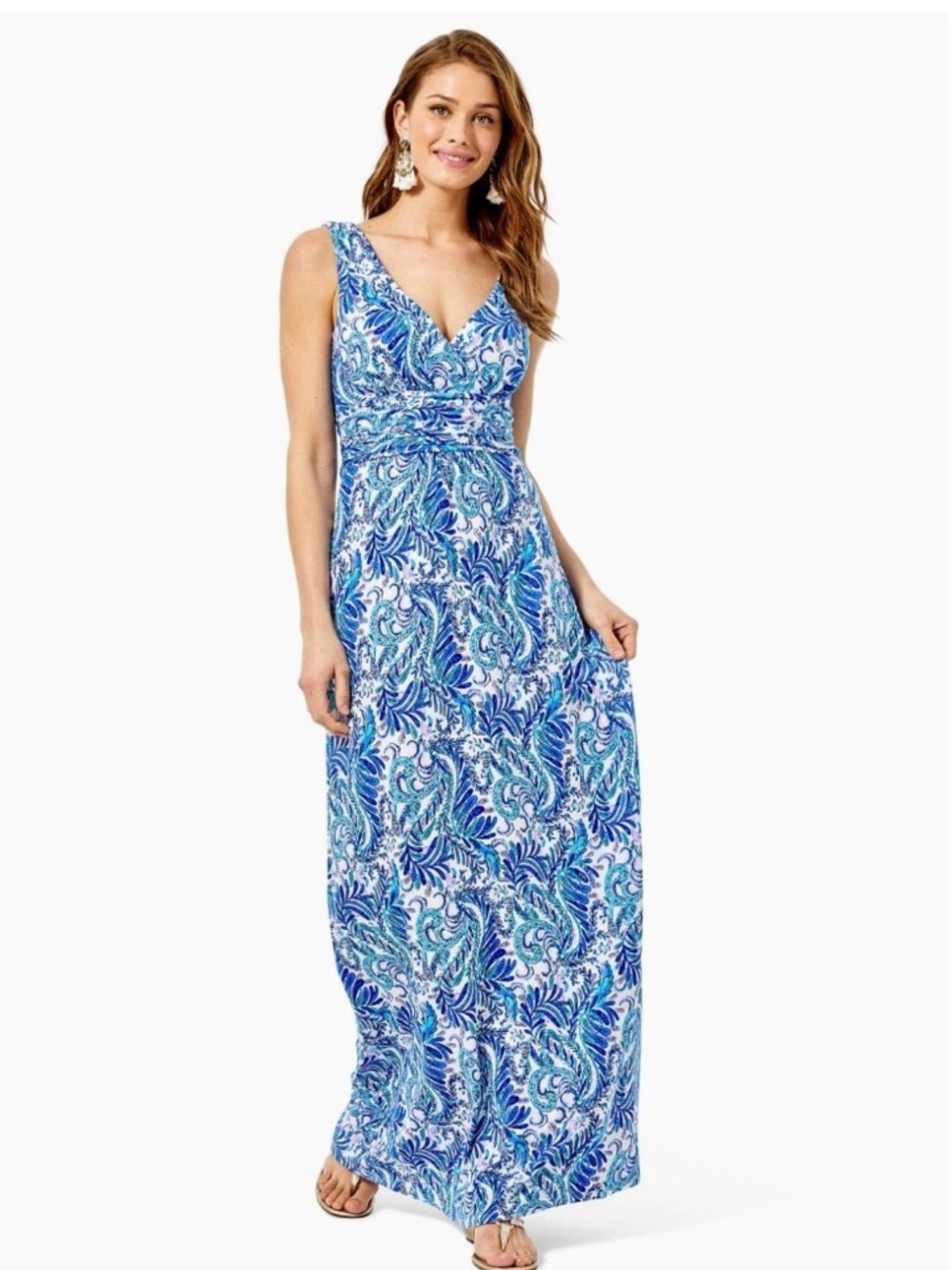 Lilly Pulitzer XS Bird Is The Word SLOANE MAXI DRESS Blue FitFlare VNeck NWT
